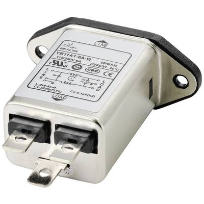 A rectangular electrical filter with two terminal connections and a labelled tag displaying technical details.