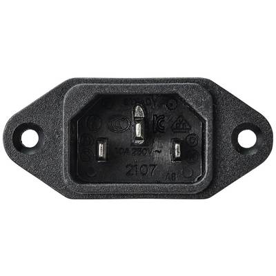 'IEC 60320 C14 Chassis Plug', front view, showing connection contacts and mounting holes, typically used for power supplies.