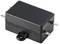 A black, rectangular capacitor or electrical component with multiple metal terminals.