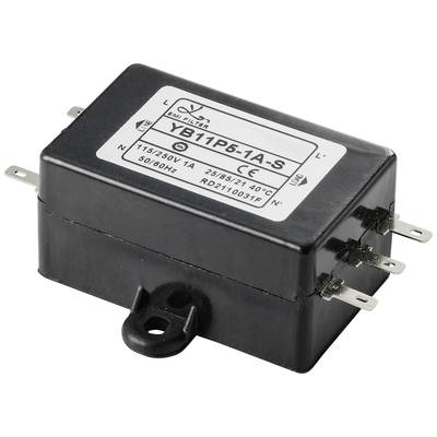 'Black EMC filter type YB11P5-1A-S, with side connections; suitable for electrical devices with 115/250V, 50/60Hz, 1A.'