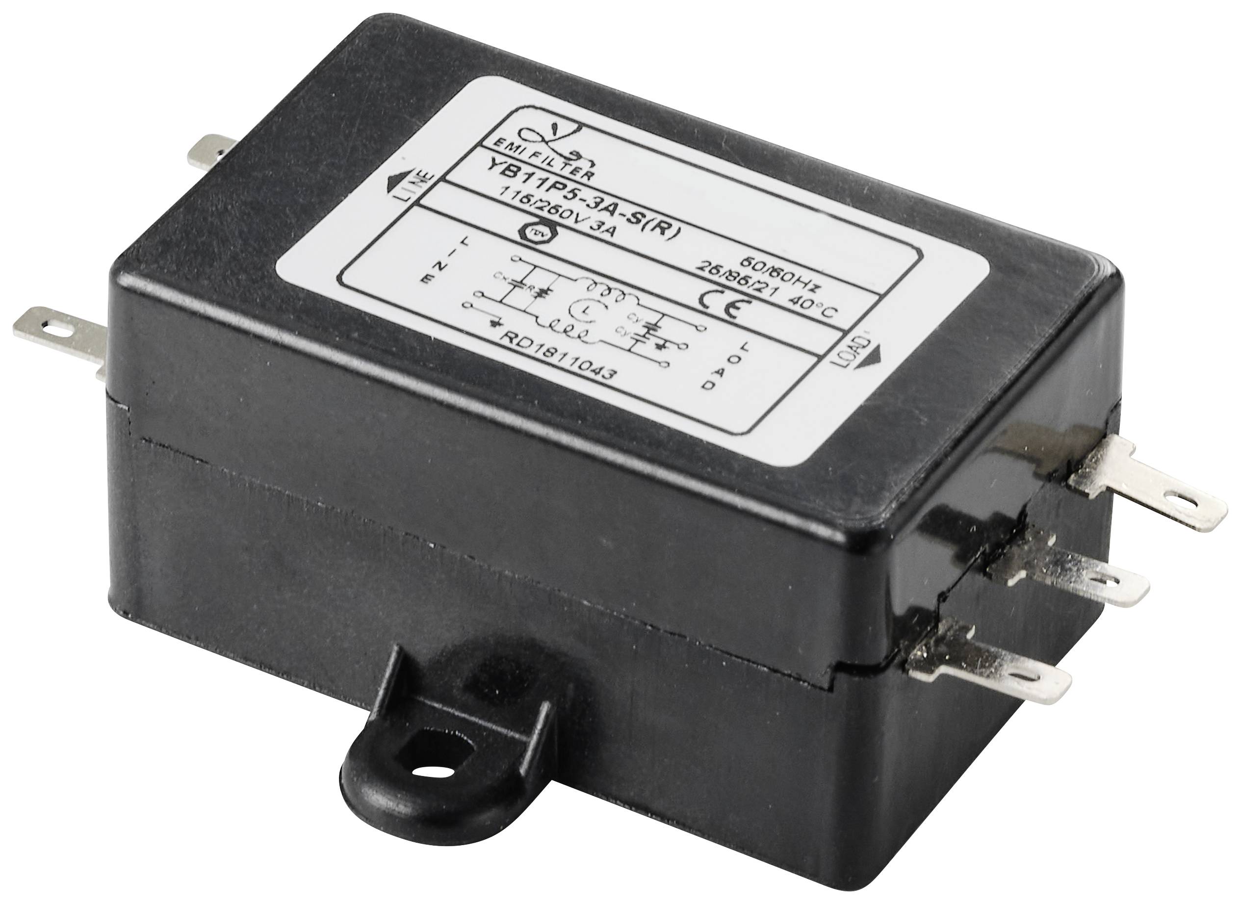 A rectangular electrical interference suppression filter with a black housing and five metal connectors on one side.