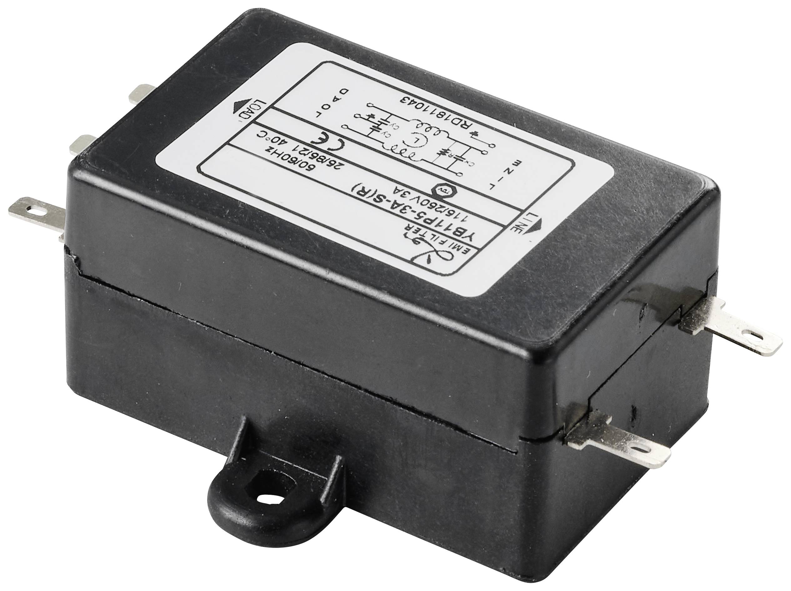 A rectangular electrical component filter with multiple connecting wires. Label shows technical specifications and circuit diagram.