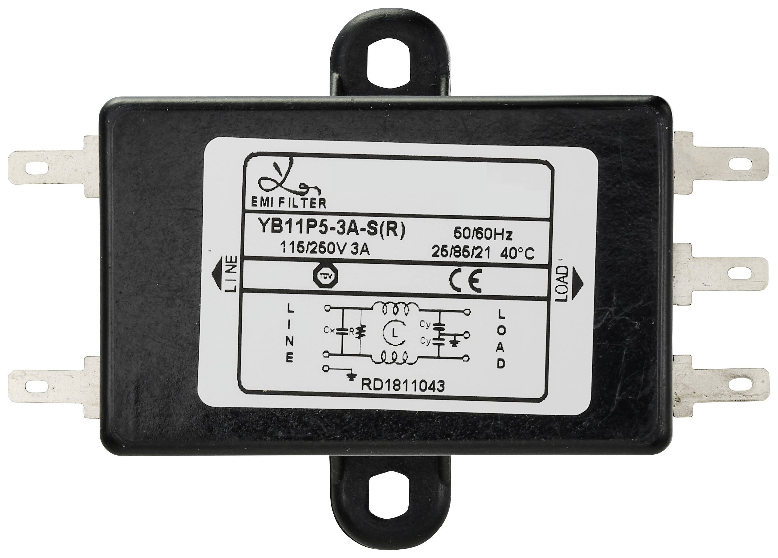 A rectangular EMI filter with multiple connections. Label shows specifications: 115/260V, 3A, 50/60Hz, temperature range up to 40°C.