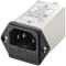Mains filter module with IEC 60320 C14 connector, black plastic and silver housing, suitable for installation in electronic equipment.