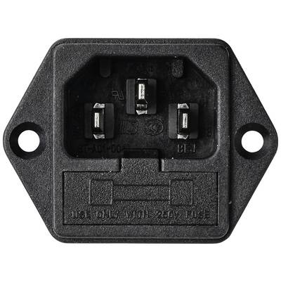 Black IEC connector with three metallic pins, rectangular shape, suitable for connecting device cables to electrical equipment.
