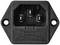 Black IEC connector with three metallic pins, rectangular shape, suitable for connecting device cables to electrical equipment.