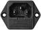 Black network plug connector with three metal pins and two mounting holes, displaying letters and symbols for electrical configuration.