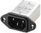 A rectangular electrical connector with three metal pins, secured in a black plastic frame with a technical label.