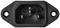 Black IEC cold appliance plug with three pins, trapezoidal housing and two mounting holes on the sides, for AC mains connection.