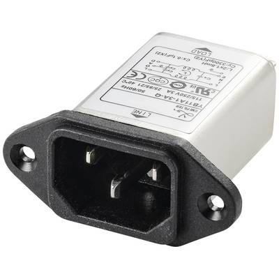 A rectangular network filter with plug connection. The housing is metallic with black plastic trims. Label with technical specifications on top.