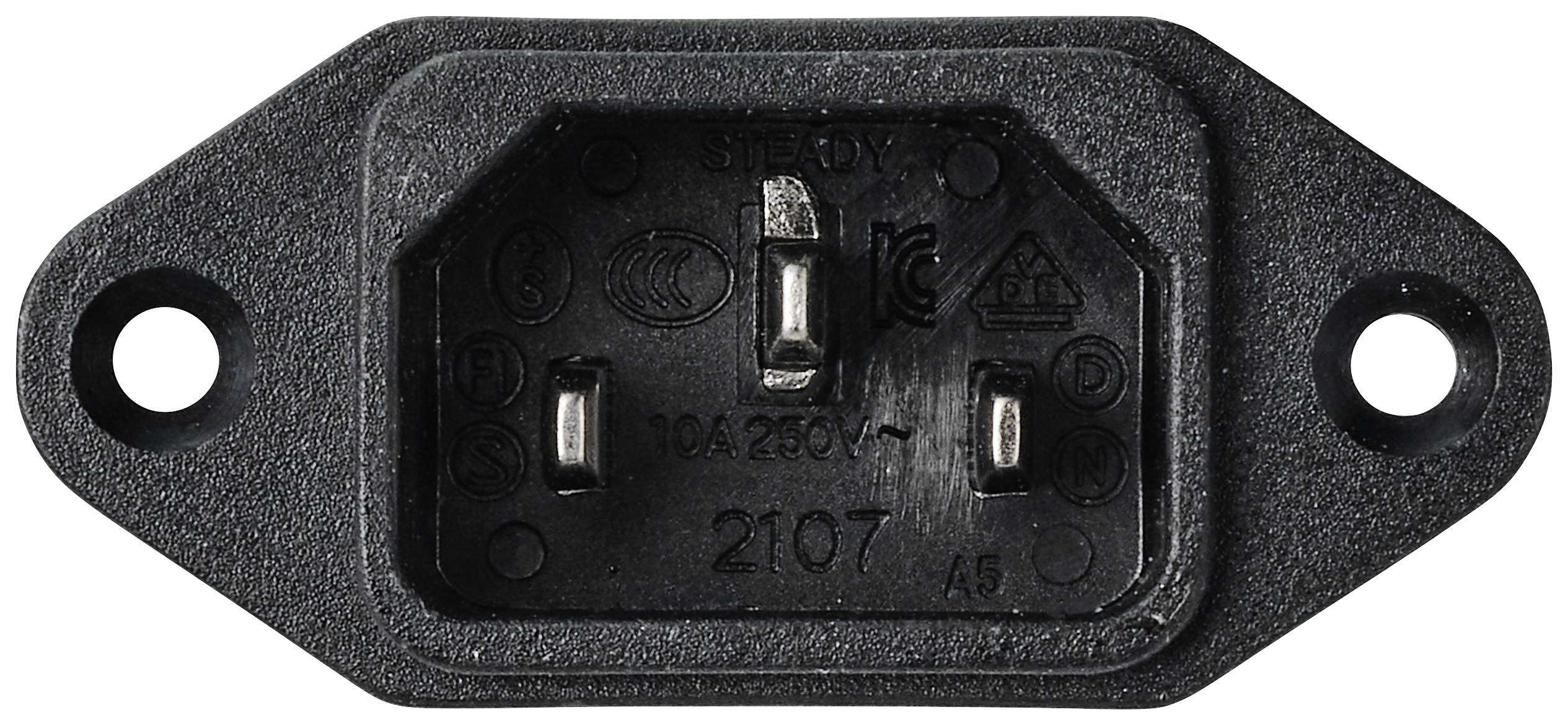 A black, rectangular cold appliance socket with three plug contacts and two screw holes, suitable for 10A/250V.