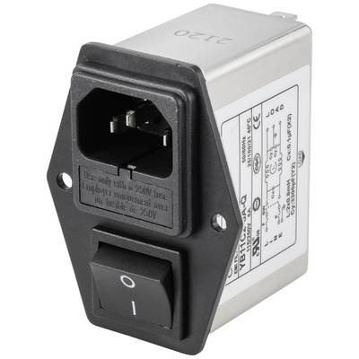 A rectangular network switch with a black on/off rocker switch and marking 'O I'. It has connections and technical specifications.