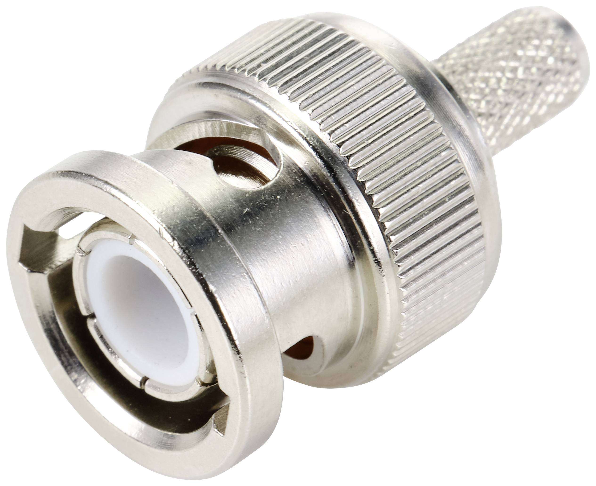 Metal coaxial plug with knurled grip and circular aperture. Used for cable connections in electronic devices.