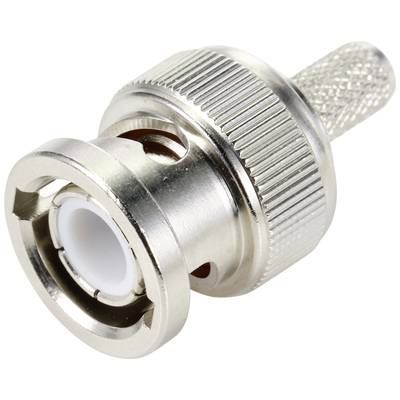 Metal coaxial plug with knurled grip and circular aperture. Used for cable connections in electronic devices.