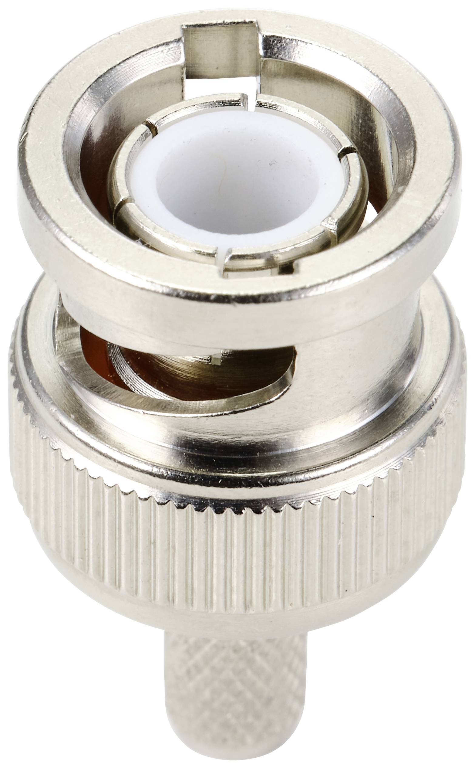 A silver BNC connector, typically used to connect coaxial cables in video and communication equipment.