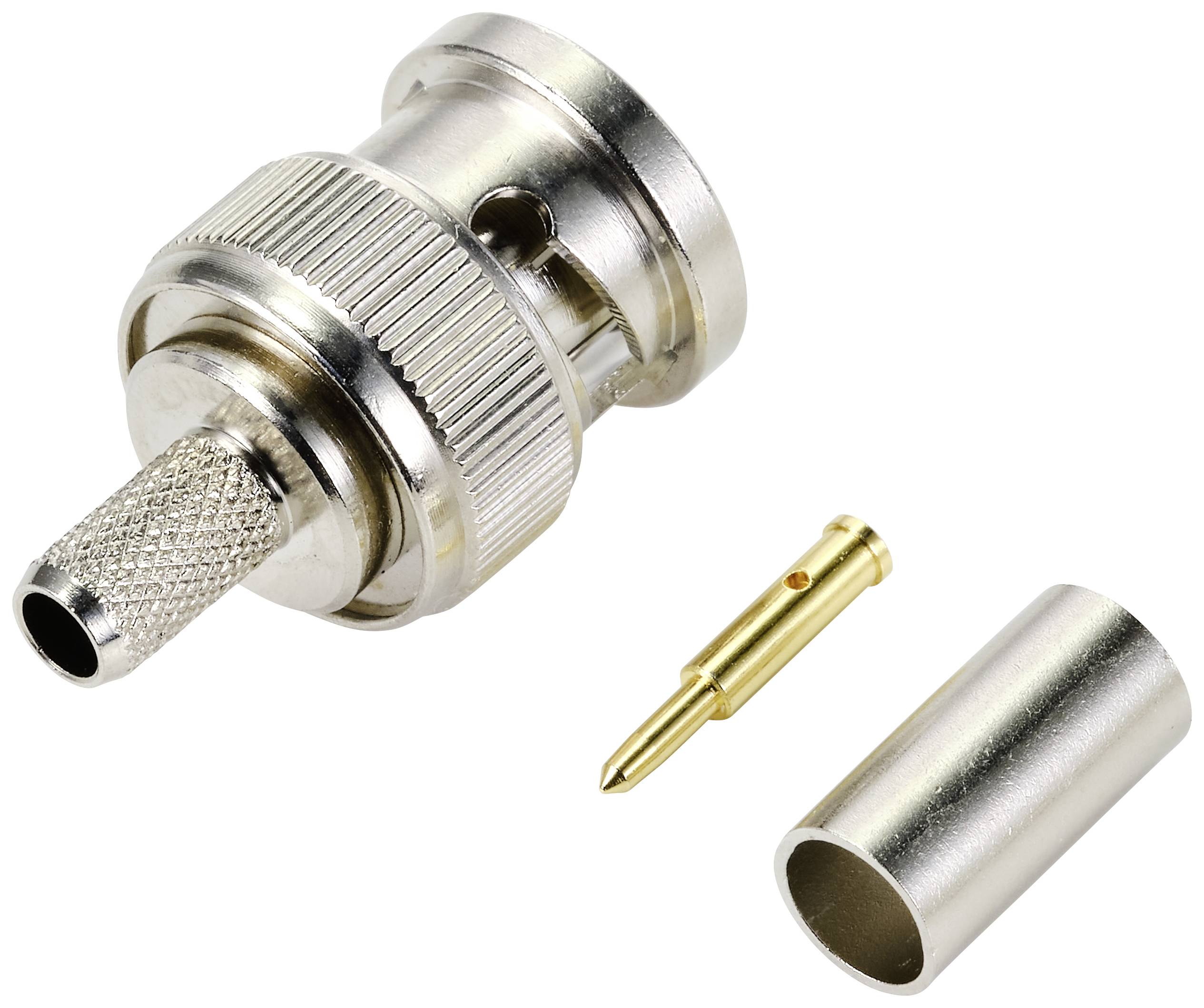 'BNC connector set with plug connection, gold-plated pin and metal sleeve. Typically used for coaxial cables.'