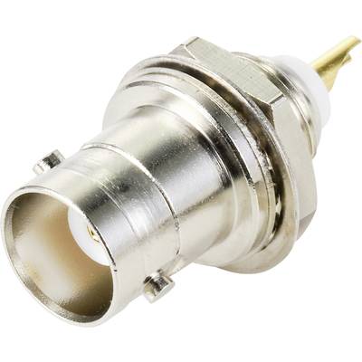 BNC connector in close-up, showing metal housing and coaxial design. Suitable for RF applications and cable connections.
