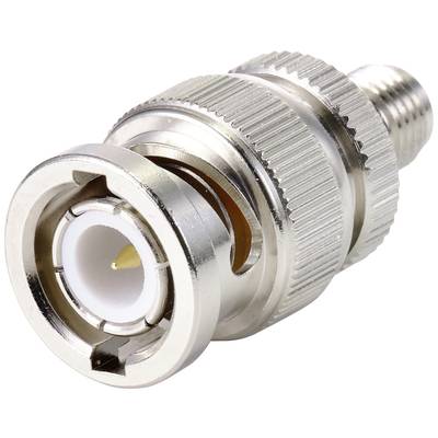 A silver coaxial connector, also known as a BNC plug, is pictured. It is used for connecting cables in signal transmission.