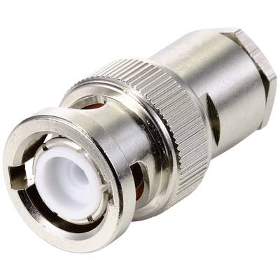 A silver coaxial plug for connecting cables in technical applications. It is cylindrical with a knurled edge.