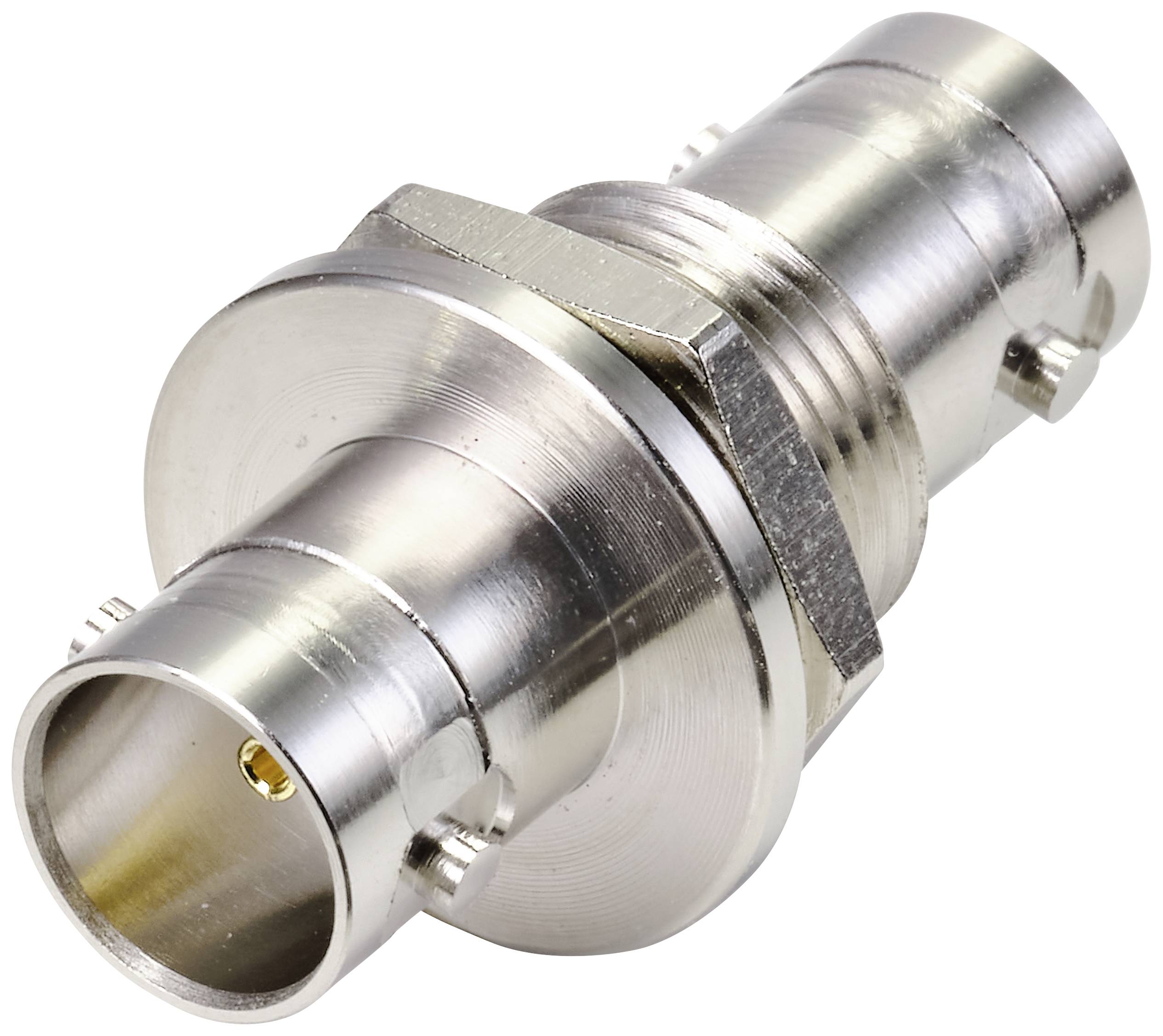 Silver BNC adapter with cylindrical shape, suitable for coaxial cable connections in electronic devices.