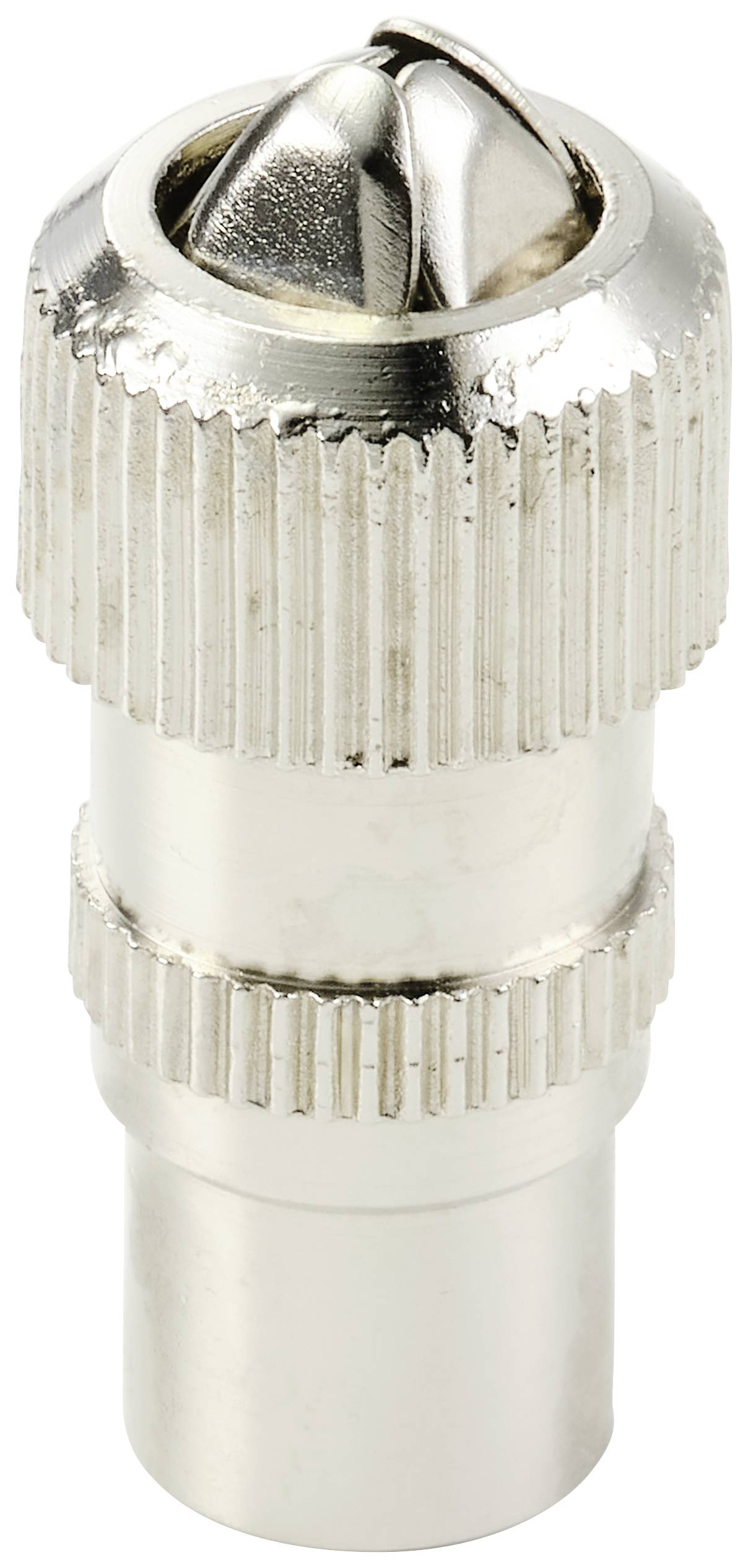 'Chrome-plated F-type compression connector for coaxial cable, suitable for a reliable and secure connection in antenna systems.'