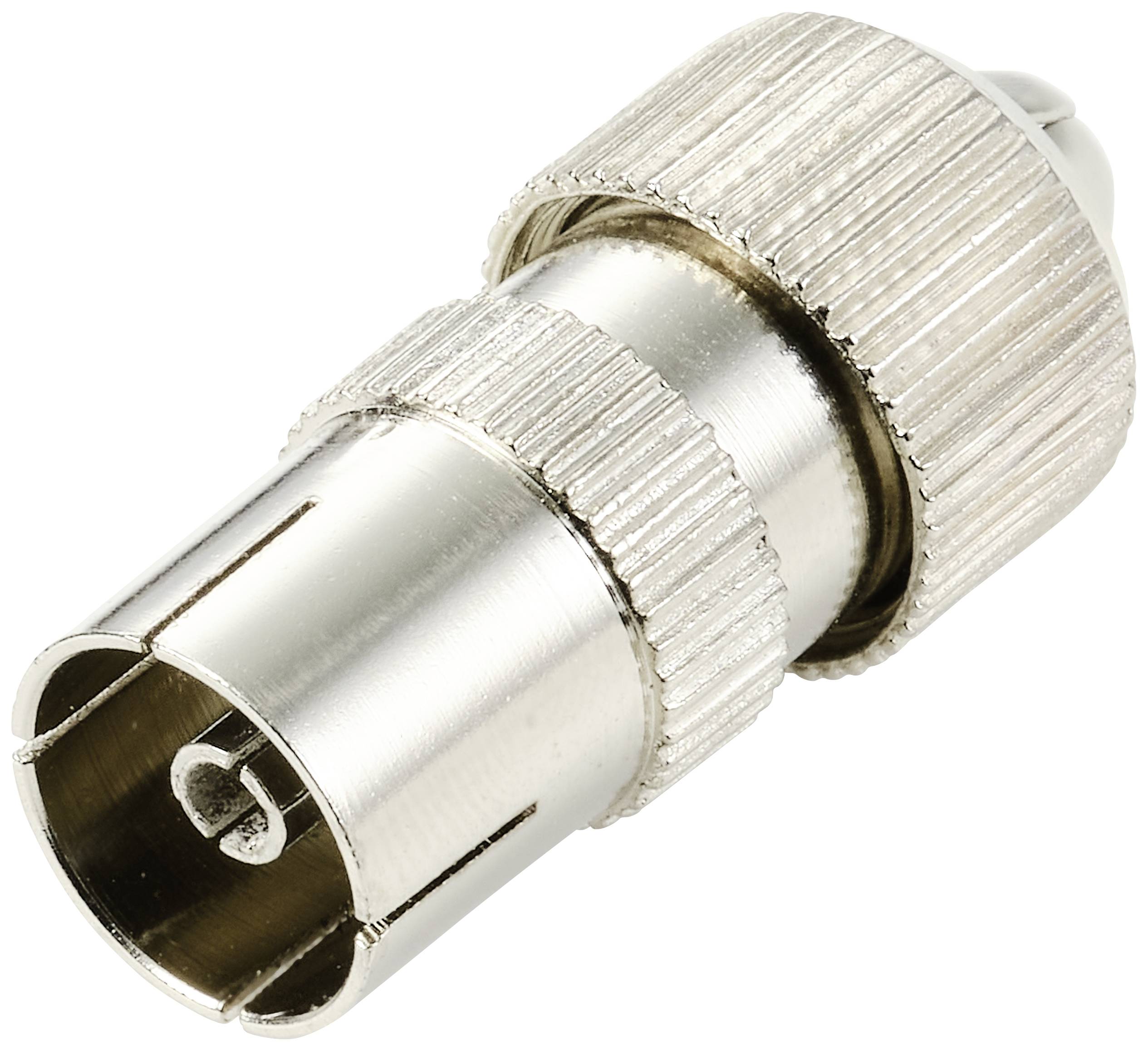 A silver, ribbed adapter plug with male and female ends, used for coaxial cable connections.