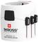 Travel adapter with various plug types (USA, UK, AUS), compact design. Brand name 'SKROSS', design 'Swiss'.