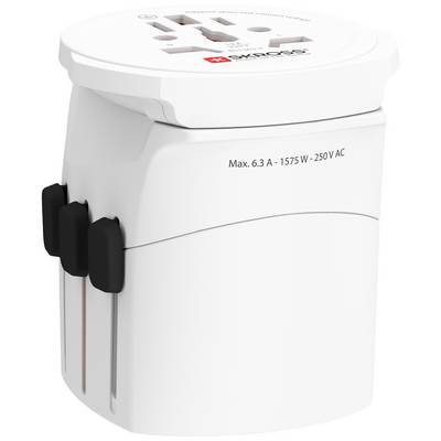 'Travel adapter with multiple socket options, suitable for power outlets worldwide. Maximum electrical specification: 6.3 A, 1575 W, 250 V AC.'