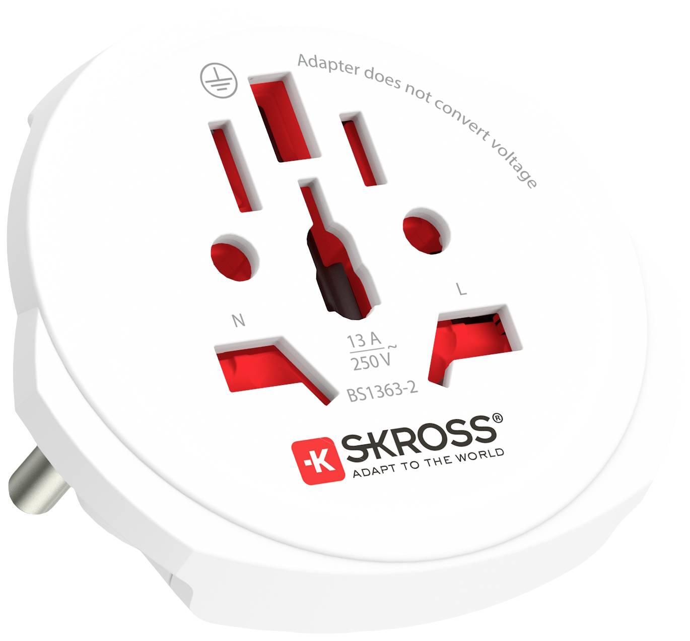An international plug adapter by SKROSS with multiple plug options, maximum 13 A, 250 V, marked BS1363-2.