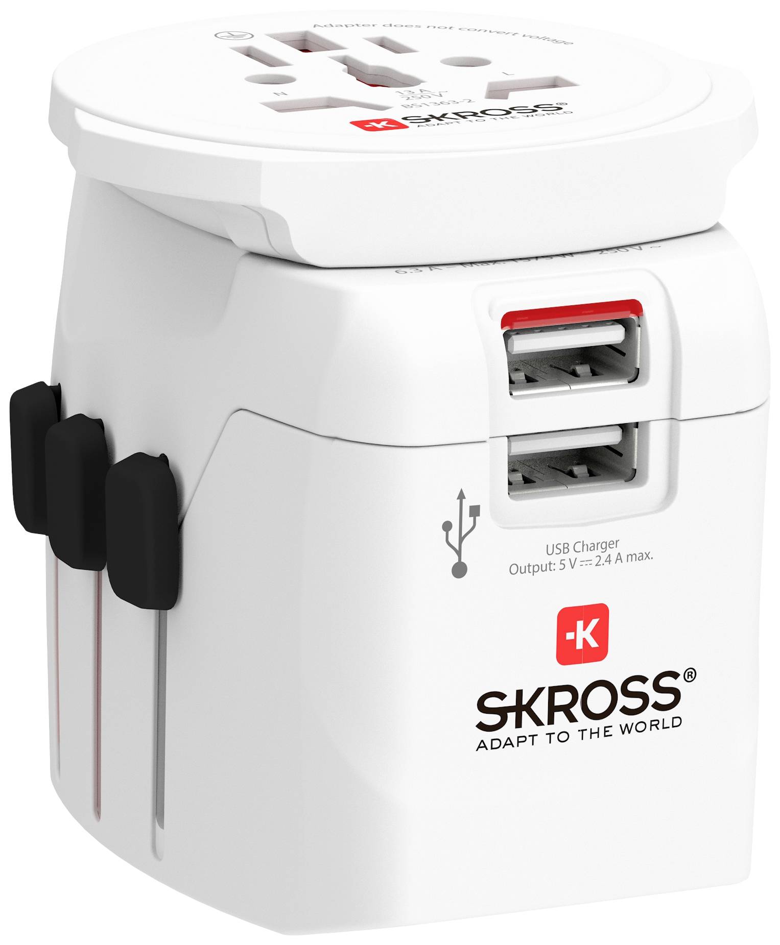 Universal travel adapter in white with two USB ports by SKROSS, suitable for various international plug sockets, compact design.