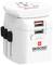 Universal travel adapter in white with two USB ports by SKROSS, suitable for various international plug sockets, compact design.