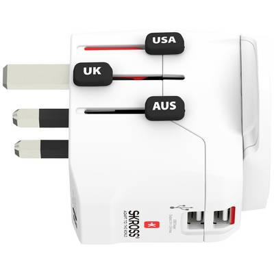 A white travel adapter with three extendable plugs, labelled 'UK', 'USA' and 'AUS', along with two USB ports.