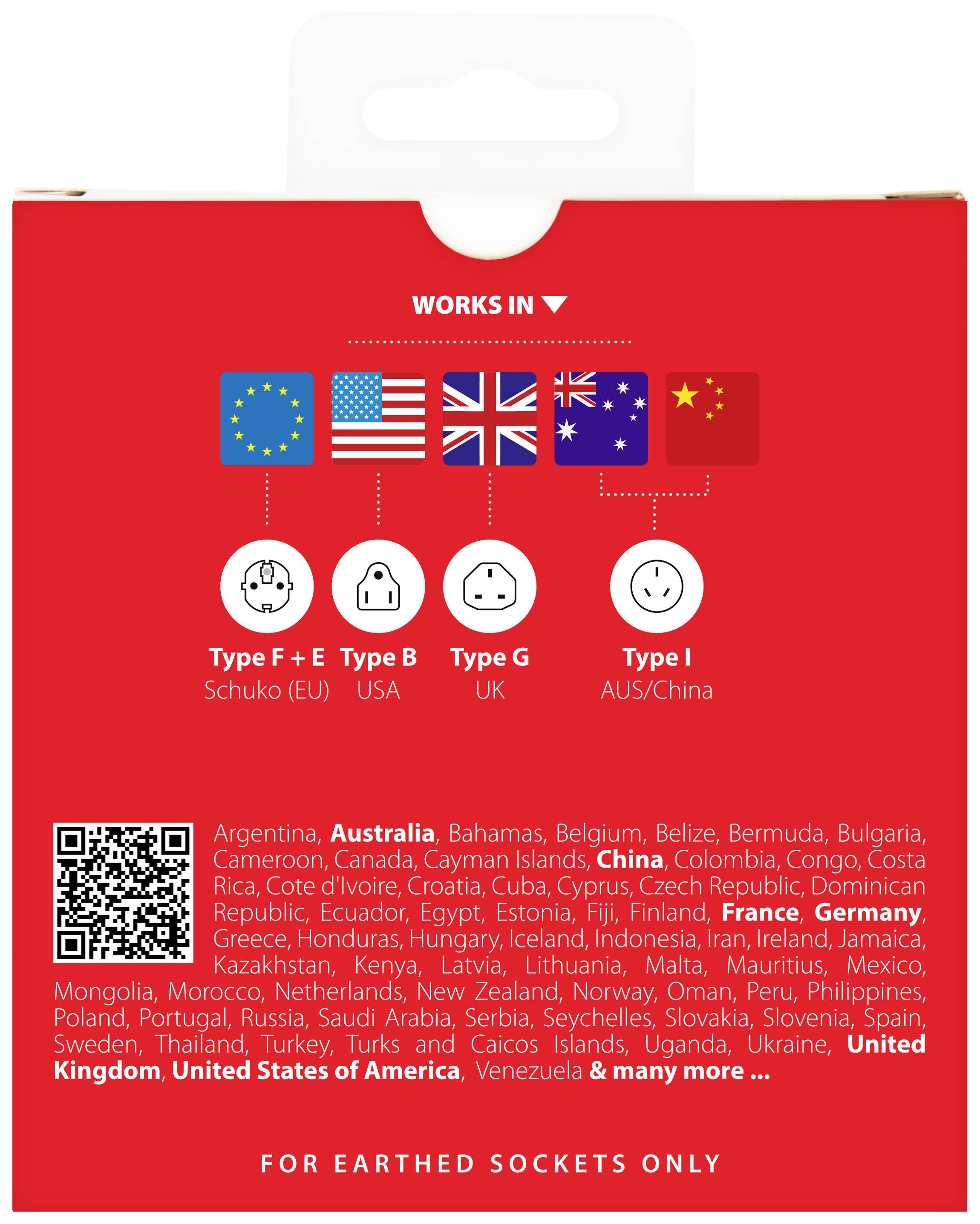 'Plug types for different countries: Type F+E (EU), Type B (USA), Type G (UK), Type I (AUS/China). Note: Only for earthed sockets.'