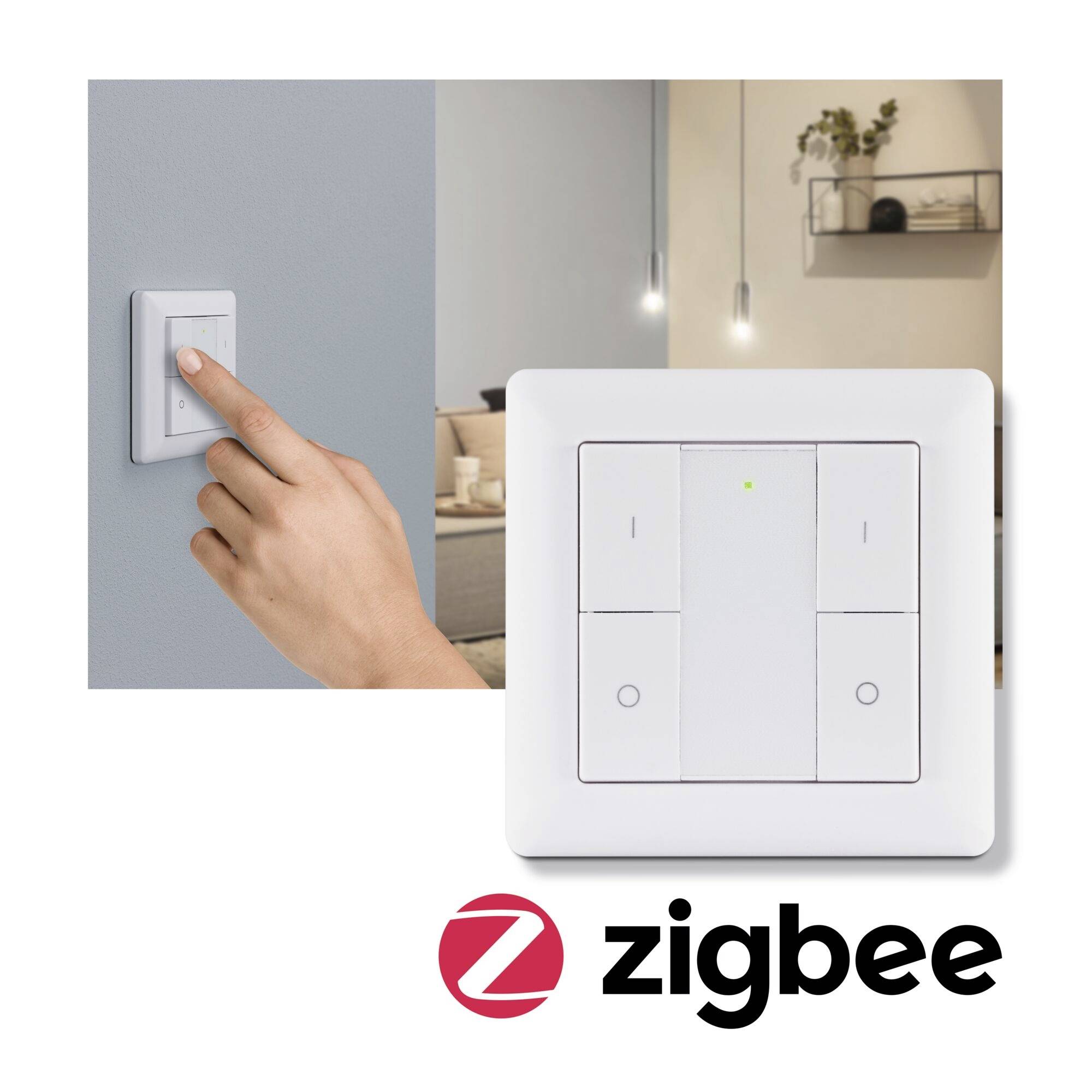A hand operates a wall switch. The switch is Zigbee-compatible. In the background, a lit living room can be seen.