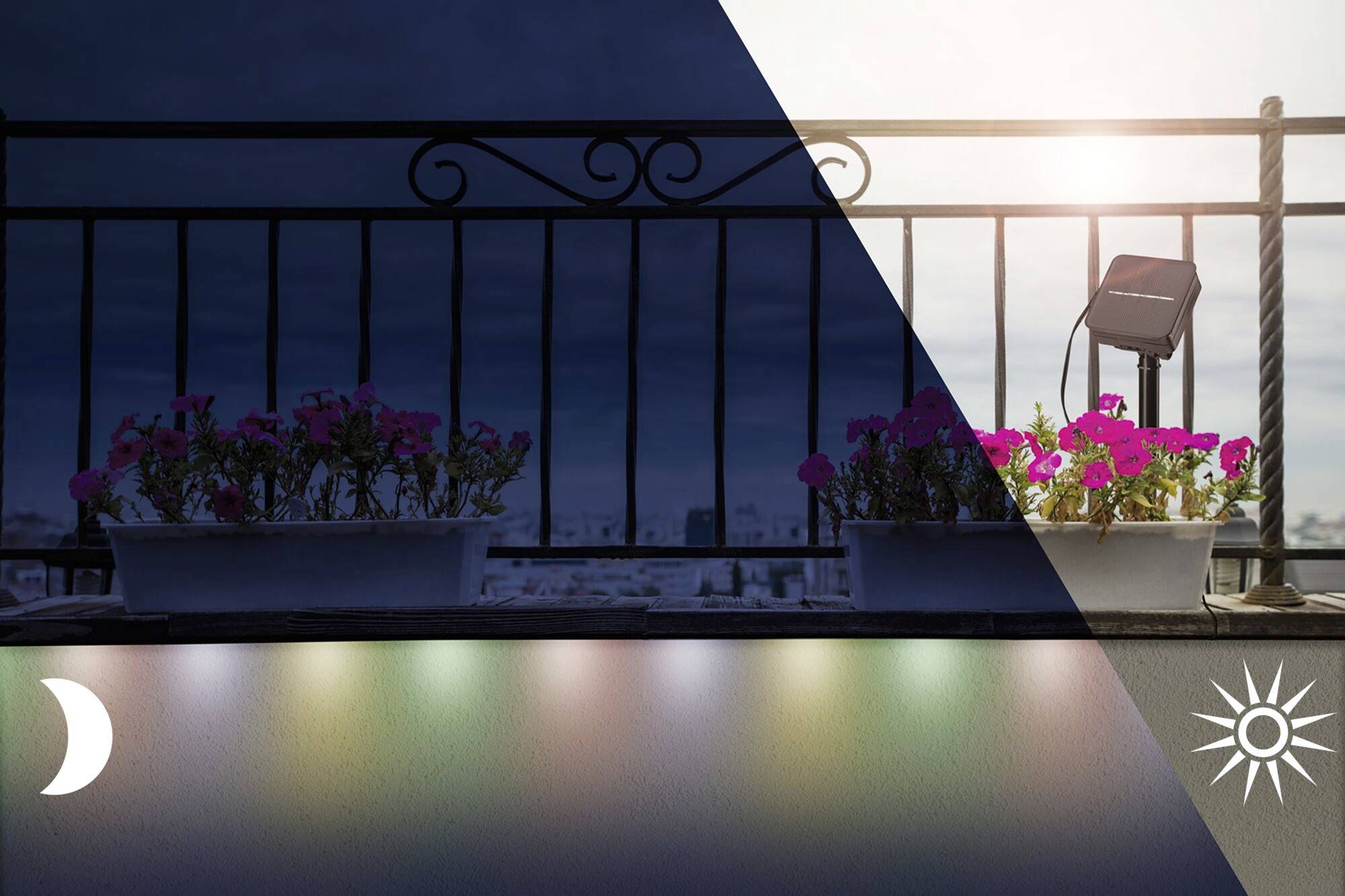 A balcony with flowering plants. On the left in darkness, on the right in sunlight. Colourful lights below. Symbolism of day and night.