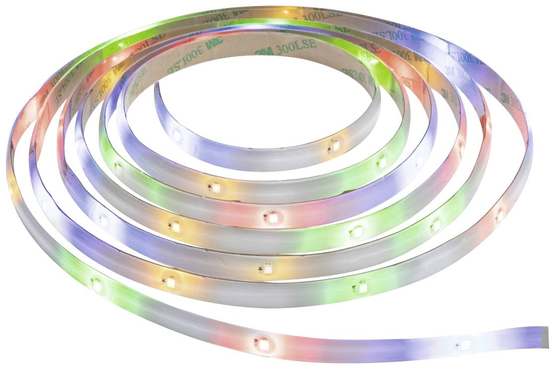 Luminous strips in various colours, unrolled in a spiral pattern across a surface.