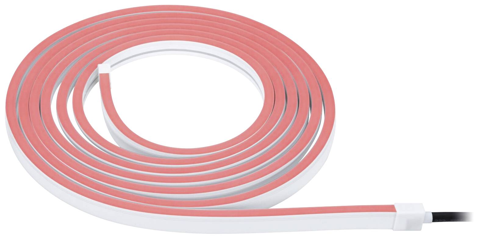 A red and white LED light strip is coiled into a spiral.