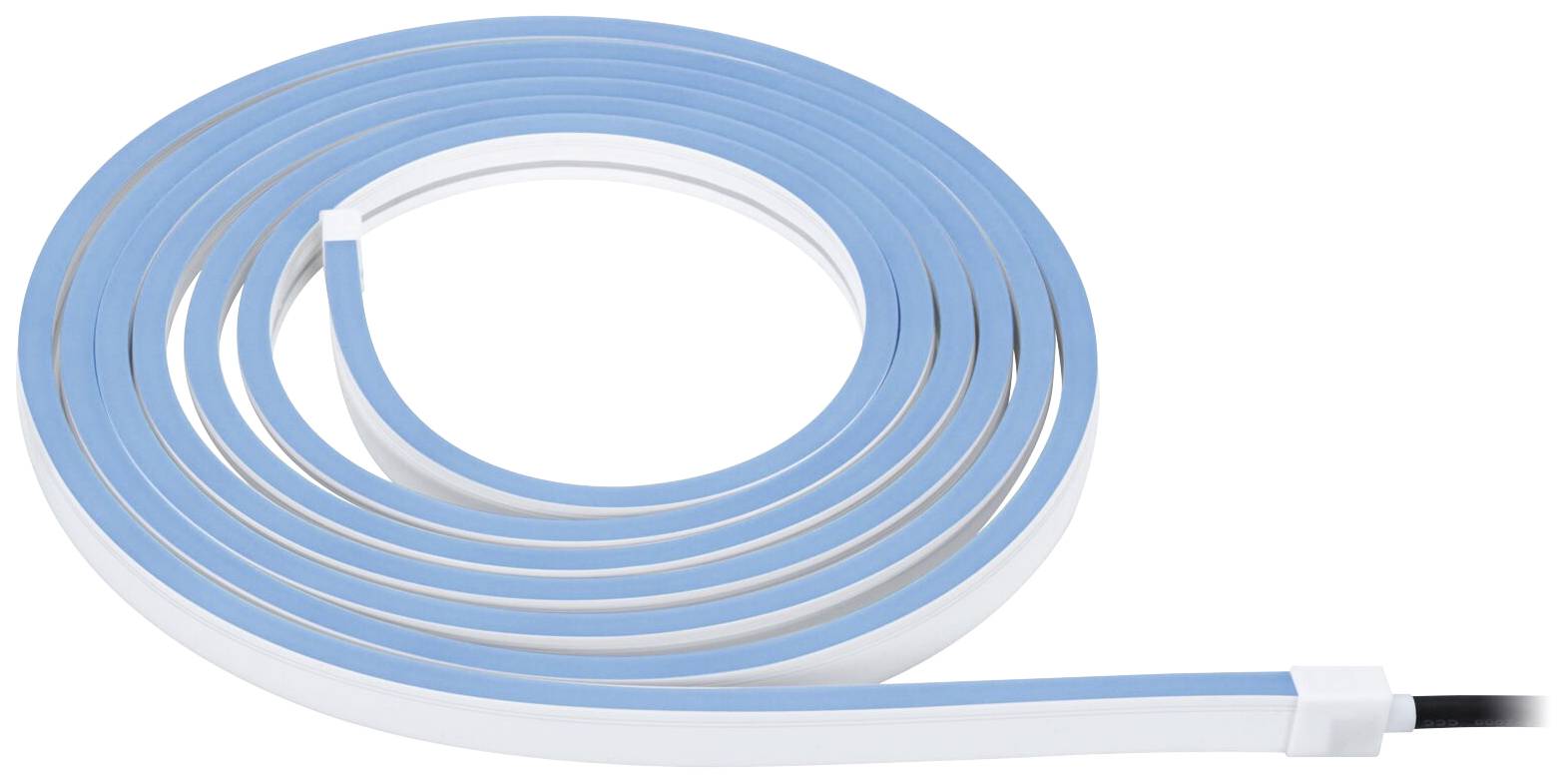 A long, blue and white LED light strip is coiled in spirals.