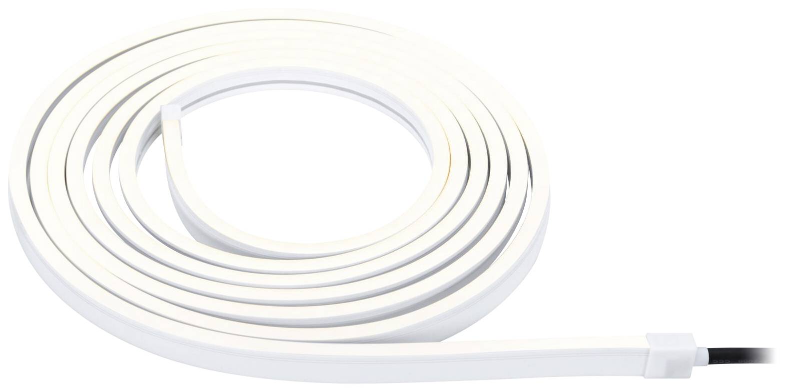 A white LED light strip is coiled in a spiral shape. It has a connection point at the end. Ideal for flexible lighting options.
