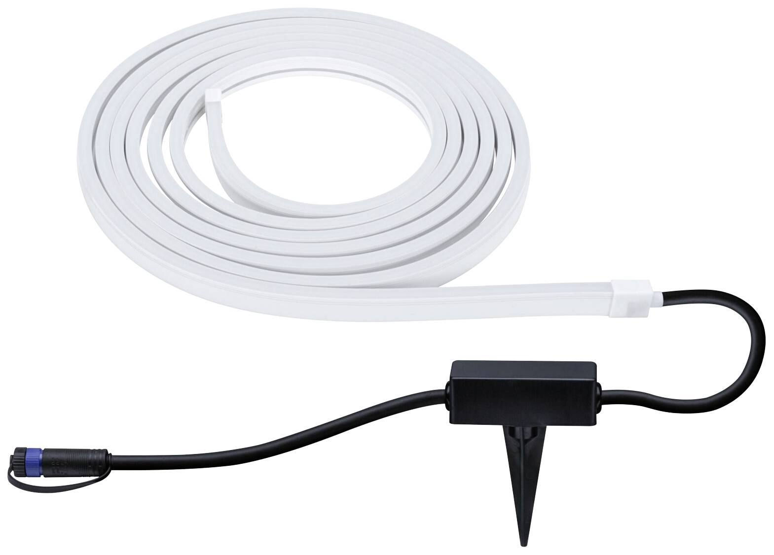 A long, white LED light strip with a black connector and ground stake. Perfect for outdoor lighting.