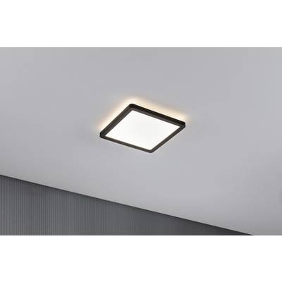 Square ceiling light with a black frame that diffuses bright, white light. Mounted on a light grey ceiling.