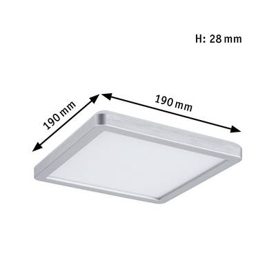 Square LED ceiling light with dimensions of 190 mm x 190 mm and a height of 28 mm. Silver frame, white cover.