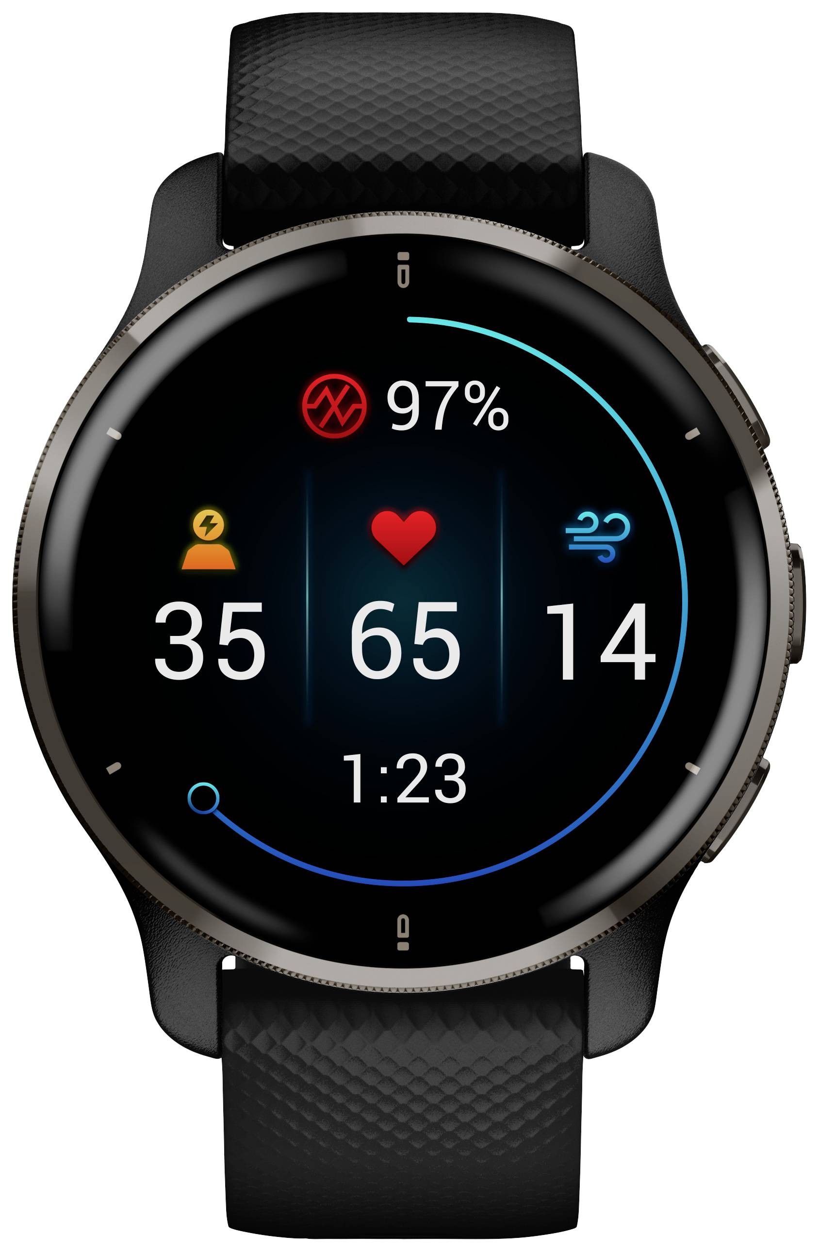 A smartwatch with a black strap shows: 97% battery, 35 steps, pulse 65, breathing 14 per minute and time 1:23.