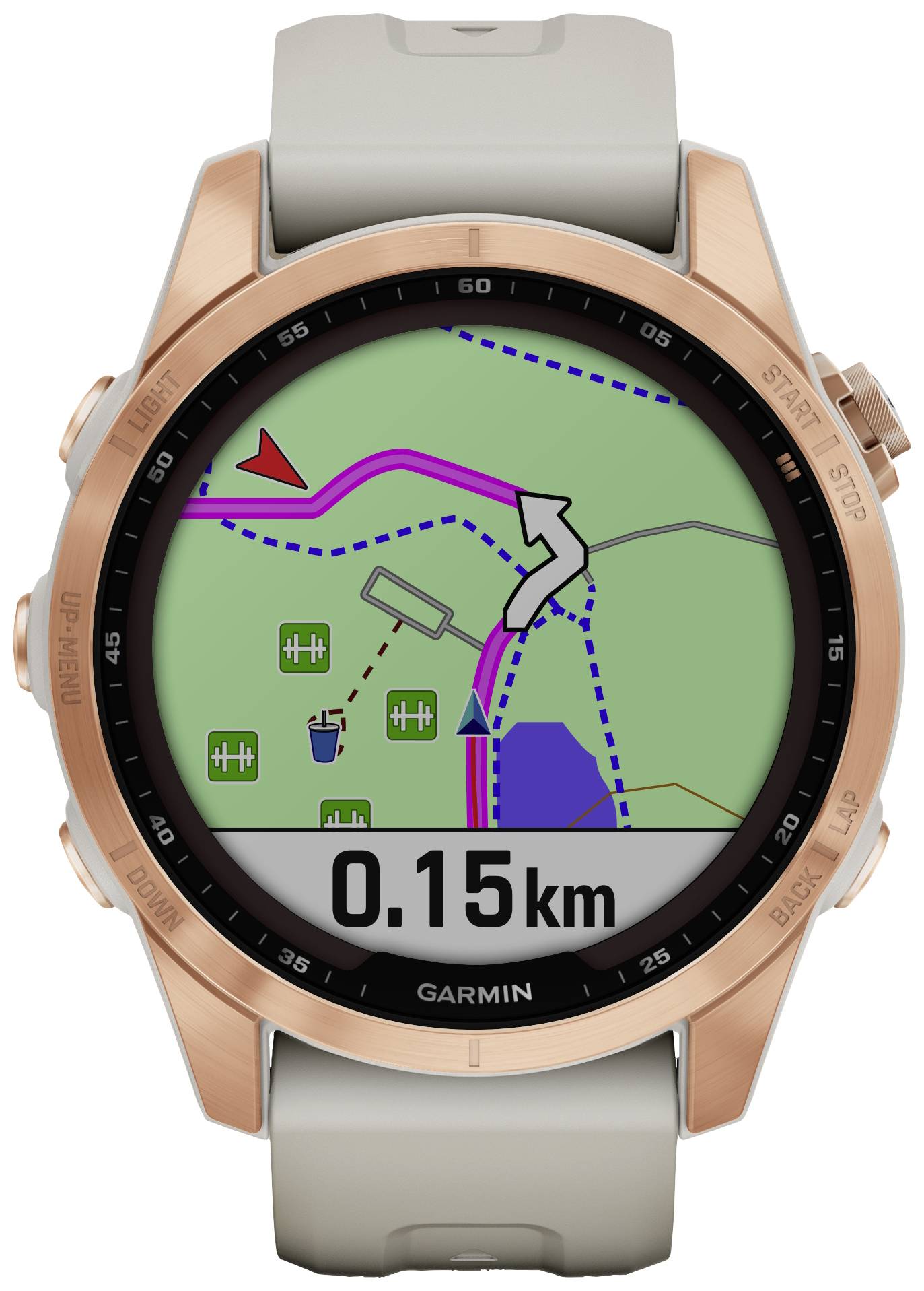 A smartwatch with a digital map display shows a route of 0.15 km with a directional arrow and symbols for rest areas.