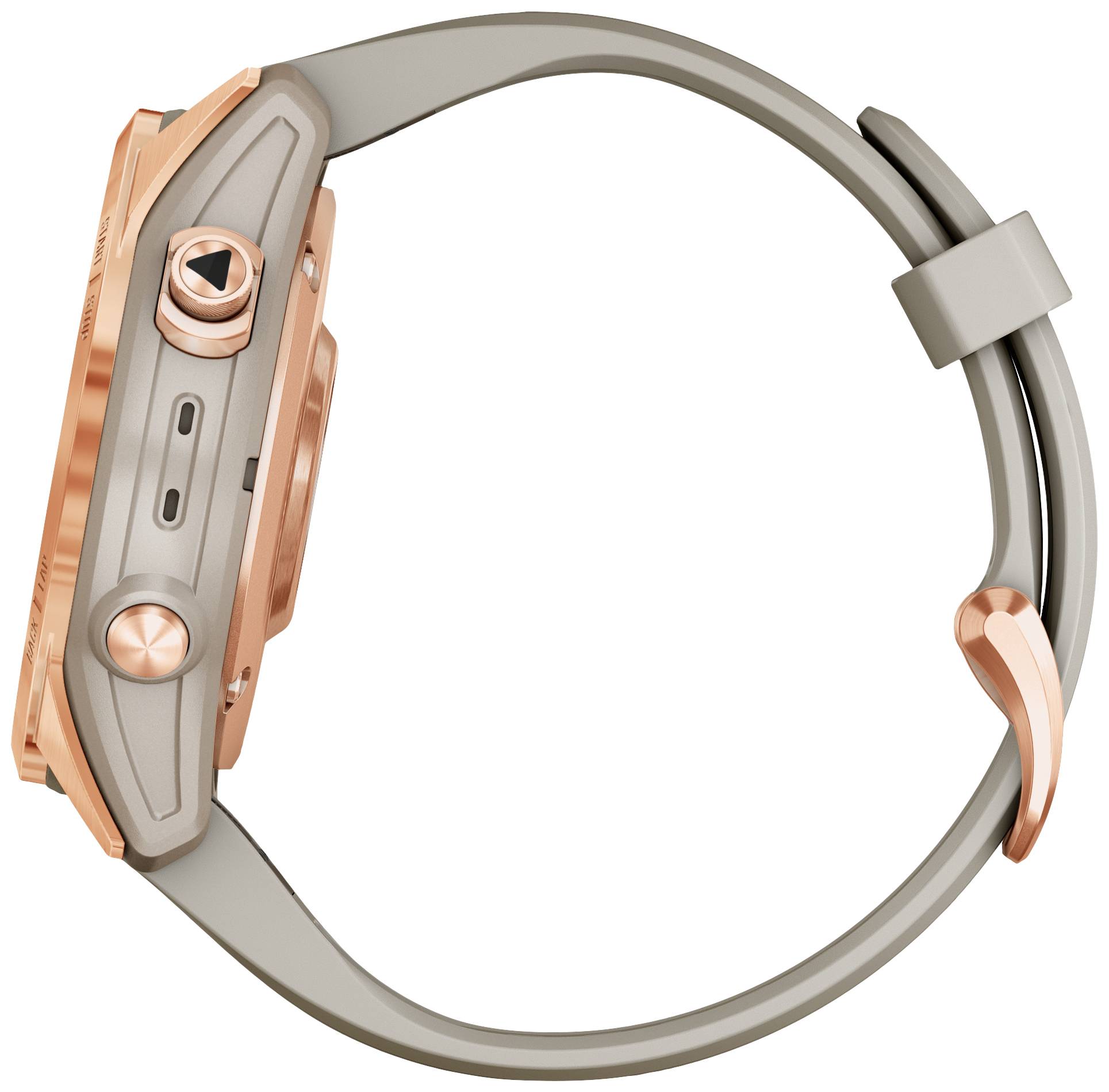 Side view of a smartwatch with a rose gold case and grey strap, showing side buttons and a charging slot.