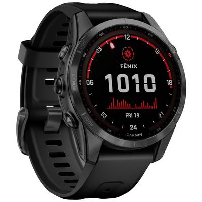 A black smartwatch with a round display. Shows the date 'FRI 19' and large number '1010'. Brand 'Fenix', manufacturer 'Garmin'.