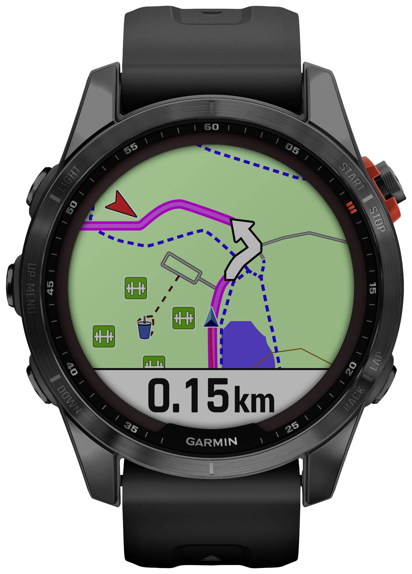 Smartwatch displaying a hiking map showing a route, distance of 0.15 km, and directional arrows.