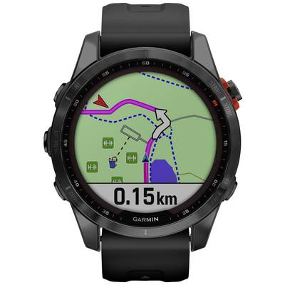 Smartwatch displaying a hiking map showing a route, distance of 0.15 km, and directional arrows.