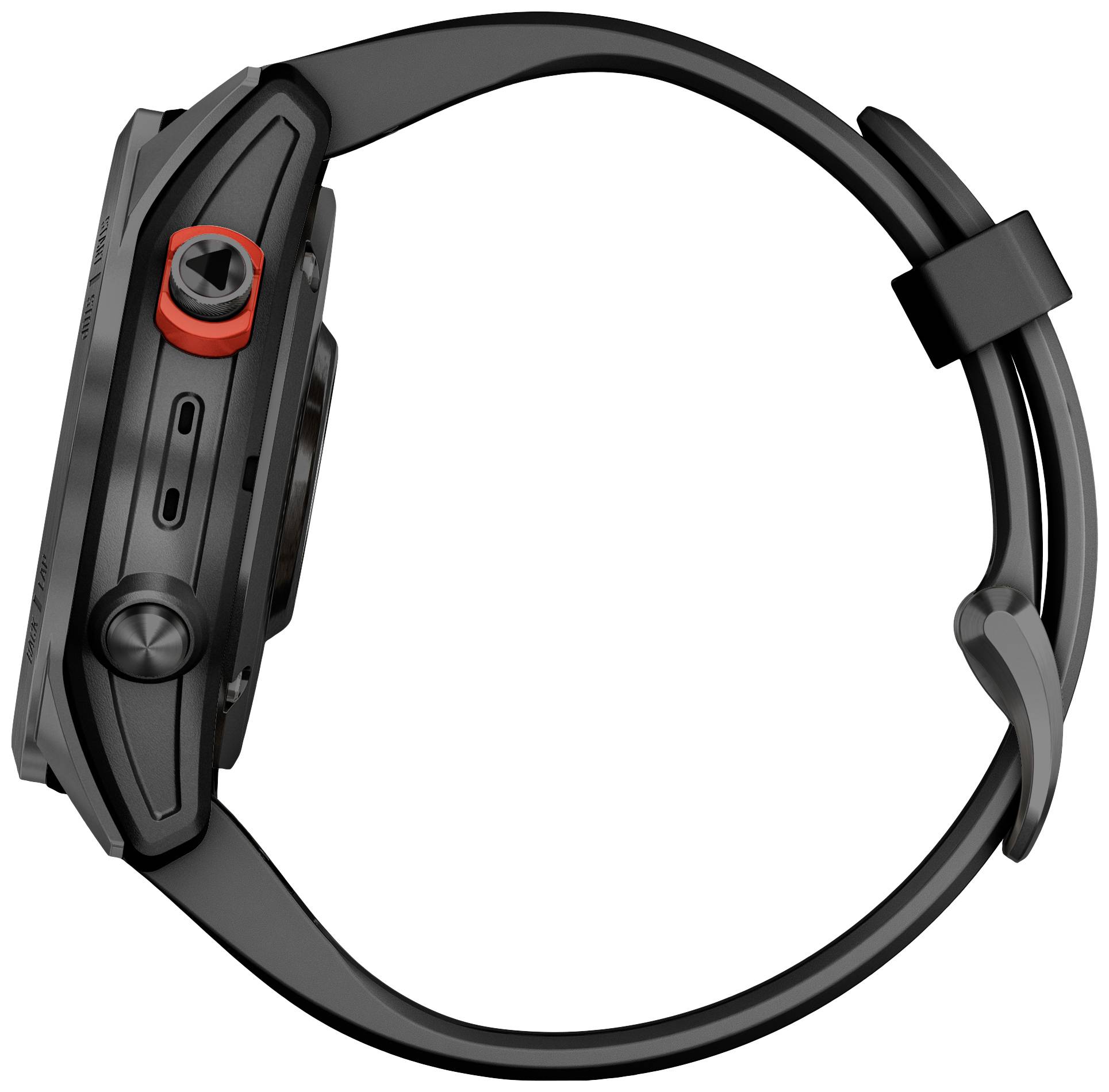 Black smartwatch viewed from the side, featuring a red button and silicone wristband. Integrated fitness and health display functions.