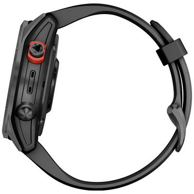 Black smartwatch viewed from the side, featuring a red button and silicone wristband. Integrated fitness and health display functions.